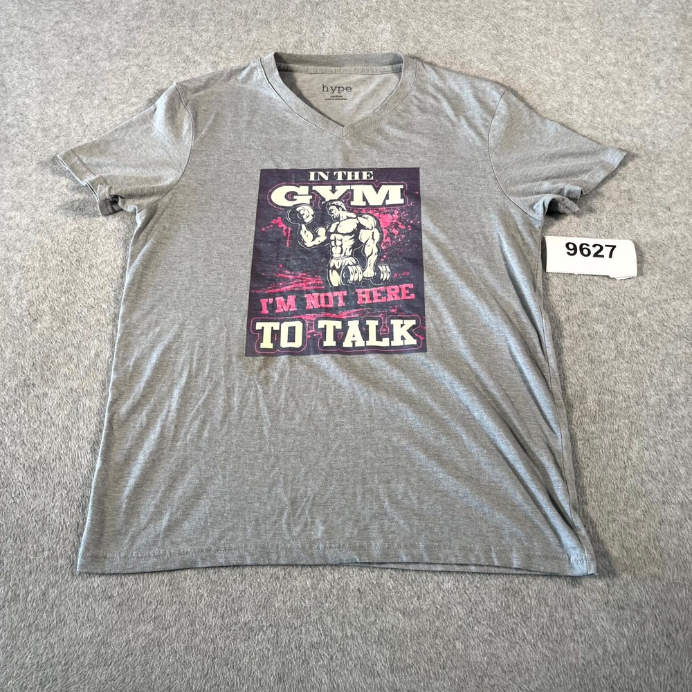 Hype T Shirt Mens Medium Gray Gym Workout Graphic Print Cotton V Neck Casual